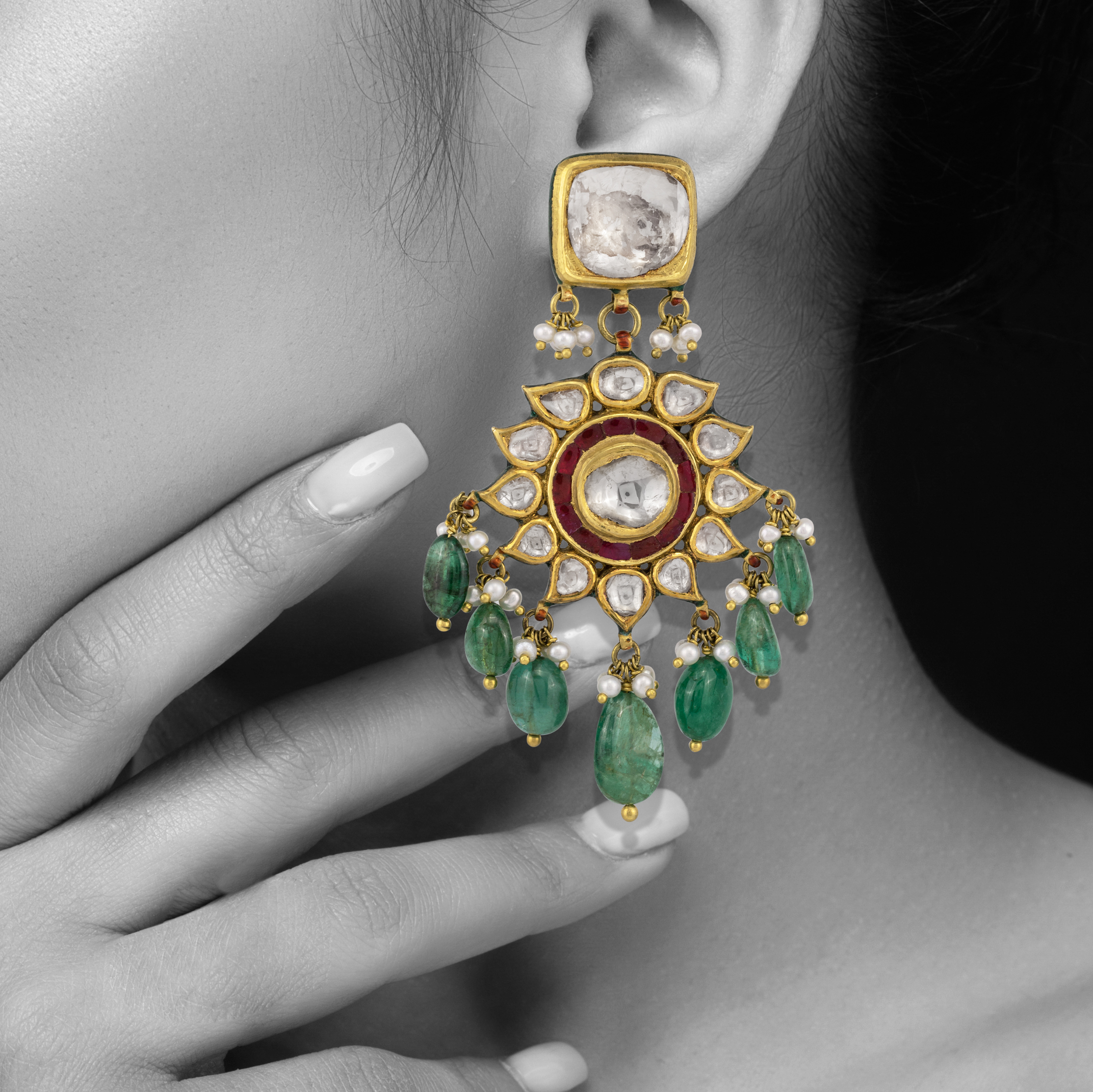 Red Talaf Earring with Emerald and Polki Floral Design